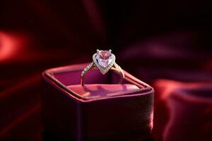 AI generated a diamond wedding ring in a red purple box bokeh style background with Generated AI photo
