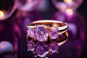 AI generated rose gold and purple gemstone ring bokeh style background with Generated AI photo