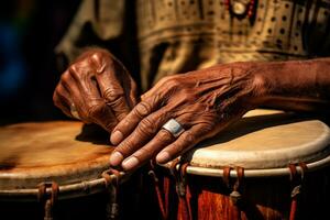 AI generated close up of hands playing drum bokeh style background with Generated AI photo