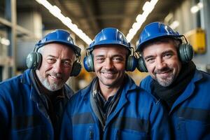 AI generated three maintenance engineer wearing blue uniform smiling bokeh style background with Generated AI photo