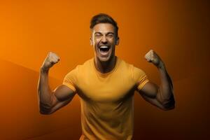 AI generated fitness man show his muscles on orange background with Generative AI photo