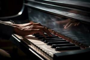 AI generated close up of hands playing the piano bokeh style background with Generated AI photo