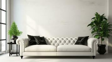 AI generated Minimalist armchair in modern white concrete interior with big picture frame and empty canvas mockup photo