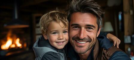 AI generated Happy father and son bonding  joyful moments of smiling, playing, and having fun at home photo