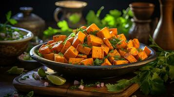 AI generated Sweet potato on wooden background   healthy and delicious root vegetable on rustic wood photo