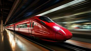 AI generated Sleek and futuristic high speed train rushing along the tracks with motion blur effect photo