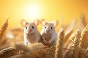 AI generated Cute and playful two delightful little mice joyfully exploring a breathtaking wheat field photo