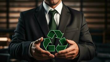 AI generated Sustainable business professional showcasing commitment to recycling with green symbol photo