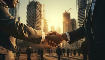 AI generated Businessman and engineer shaking hands on construction site, successful collaboration photo
