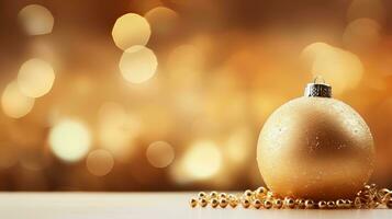 AI generated Golden baubles on christmas tree with sparkling lights   festive celebration and magic. photo