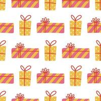 Gift boxes seamless vector pattern. Yellow and pink presents with ribbon, bow. Holiday containers packed in wrapping paper with polka dots and stripes. Surprise for birthday, party. Cartoon background
