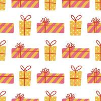 Gift boxes seamless vector pattern. Yellow and pink presents with ribbon, bow. Holiday containers packed in wrapping paper with polka dots and stripes. Surprise for birthday, party. Cartoon background