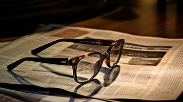 AI generated close up shot of Eye glasses placed on a news paper in a vintage tone photo
