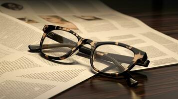 AI generated close up shot of Eye glasses placed on a news paper in a vintage tone photo