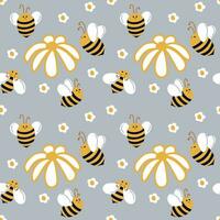 Bees move in different directions on a yellow background with daisies. Seamless pattern with bees for children. Summer pattern vector