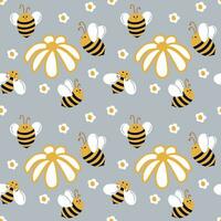 Bees move in different directions on a yellow background with daisies. Seamless pattern with bees for children. Summer pattern vector