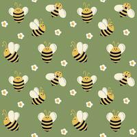 Bees move in different directions on a yellow background with daisies. Seamless pattern with bees for children. Summer pattern vector