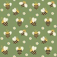 Bees move in different directions on a yellow background with daisies. Seamless pattern with bees for children. Summer pattern vector