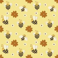 Bees move in different directions on a yellow background with daisies. Seamless pattern with bees for children. Summer pattern vector
