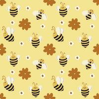 Bees move in different directions on a yellow background with daisies. Seamless pattern with bees for children. Summer pattern vector