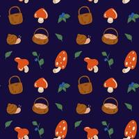 The forest pattern. Mushrooms, baskets, blueberries, snail, leaves on a blue background vector