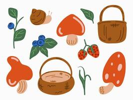 The forest set. Mushrooms, berries, baskets, grass, blueberries, raspberries, snail. A set of forest illustrations for children's books, clothes, prints vector