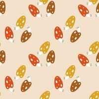 Pattern with toadstool mushrooms on a beige background. Yellow, red and brown mushrooms vector