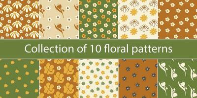 Set of yellow floral patterns in a minimalist style. Daisies, tulips, irises, daisies. The summer pattern vector