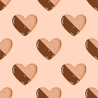 Abstract pattern with heart-shaped cookies with chocolate on a beige background. A cozy hugo-style pattern vector