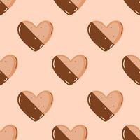 Abstract pattern with heart-shaped cookies with chocolate on a beige background. A cozy hugo-style pattern vector