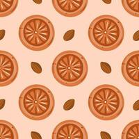 Seamless pattern with almonds and orange cookies on a peach background. Pastel colors vector