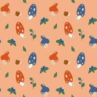 Cute pattern with mushrooms, blueberries, snails, greens on a beige background. Pattern for children's clothes, printing on bed linen. vector
