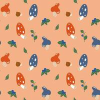 Cute pattern with mushrooms, blueberries, snails, greens on a beige background. Pattern for children's clothes, printing on bed linen. vector