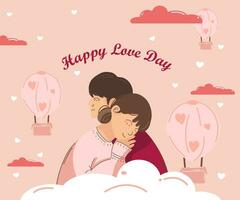 Postcard with an embracing couple in love. Pink clouds. Happy love day. Romantic banner vector