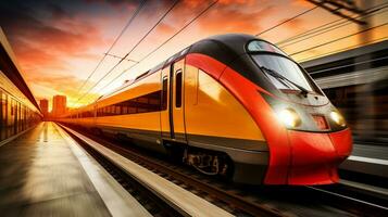 AI generated High speed train rushing along the tracks with motion blur and dynamic energy in urban cityscape photo