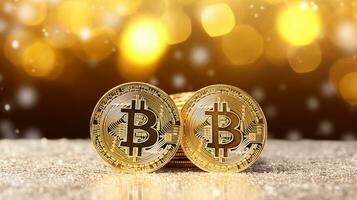 AI generated Bitcoin concept on blurred winter abstract background with copy space for text placement photo