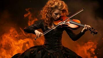 AI generated Passionate female musician playing violin with intricate details and expressive expression photo