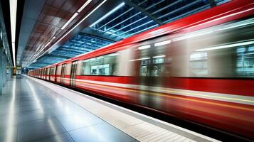 AI generated Modern subway train in motion on a vibrant cityscape, futuristic urban transportation concept photo