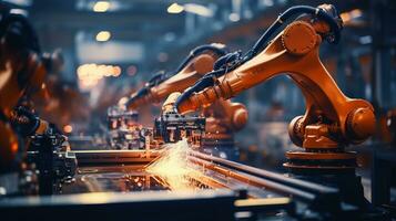 AI generated Automated assembly line in car factory for high tech green energy electric vehicle manufacturing. photo