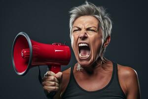 AI generated Confident senior woman expressing herself with a megaphone in a stylish fashion studio shot photo