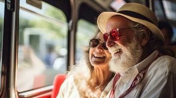 AI generated Happy elderly couple traveling on bus with blurred background and copy space for text placement photo