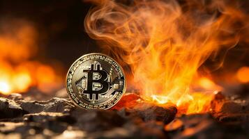 AI generated Bitcoin on blurred defocused fire abstract background with copy space for text placement photo