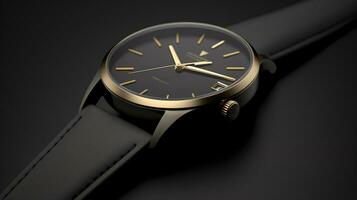 AI generated close up of elegant wrist watch in black and gold photo