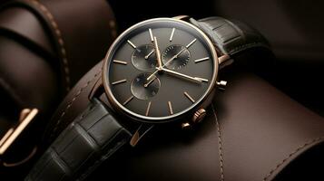 AI generated close up of elegant wrist watch in black and gold photo