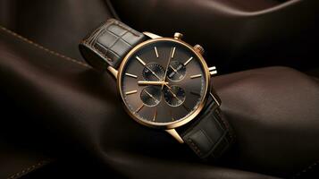 AI generated close up of elegant wrist watch in black and gold photo