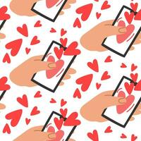 A pattern with hearts from the phone, when pressed, the heart is sent. The texture is vector flat for Valentine's Day. Seamless ornament. A declaration of love. Valentine's Day Packaging