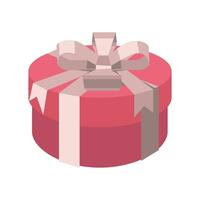 Pink gift box with a ribbon bow in the form of a circle. An illustration of three-dimensional isometric gifts. A Valentine's Day gift isolated on a white background. Delicate shades, geometric shapes vector