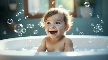 ai generado un contento bebé riendo en el bañera. generativo ai. foto