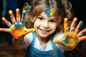 AI generated Funny child girl draws laughing shows hands dirty with color paint. Generative Ai. photo