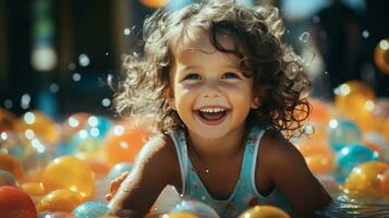 ai generado un contento niño jugando en nadando piscina durante verano vacaciones. generativo ai. foto